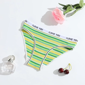 Women's cotton striped low-rise panties with I LOVE YOU waistband in a flat lay setup