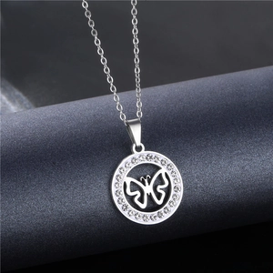 Titanium steel butterfly pendant necklace with sparkling rhinestones in silver finish