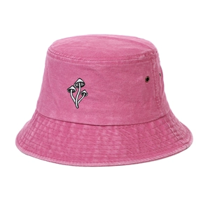 Vintage rose red washed cotton bucket hat with classic mushroom embroidery for outdoors