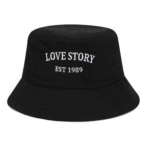 Black cotton bucket hat with white Love Story embroidery for outdoor sun protection