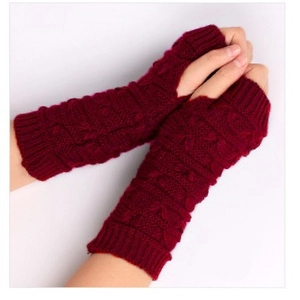 Winter knitted wine red fingerless gloves with cable knit long sleeve style for women