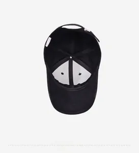 Detail of black cotton baseball cap showing contrast lining and adjustable metal buckle