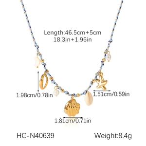 Detailed size chart for boho blue cord necklace with 18k gold shell and star pendants