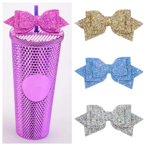 Sparkling Glitter Straw Bow Decoration PU Leather Bowknot Straw Topper With Elastic Band For Tumbler Cups DIY Accessory