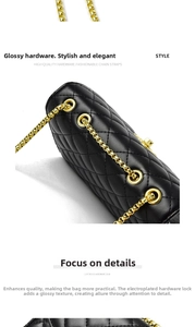 Detailed close-up of glossy black quilted leather handbag with gold chain strap and hardware