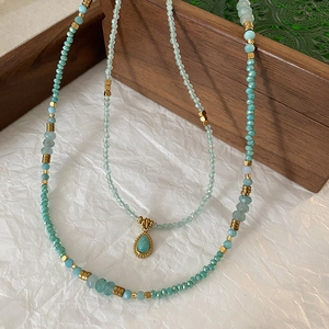 Natural Amazonite Gemstone Beaded Necklace With Water Drop Pendant Bohemian Handcrafted Layered Jewelry For Women