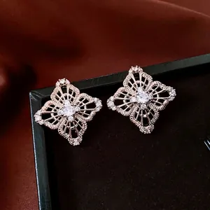Vintage Hollow Diamond Stud Earrings Copper Zircon Luxury Geometric Flower Jewelry With Silver Earring Post