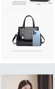 Détails du sac à main noir motif crocodile avec dimensions et compartiments internes