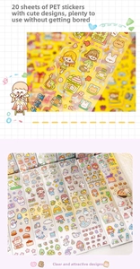 Detail showing 20 rolls of cute PET stickers with girl, bear, and rabbit illustrations