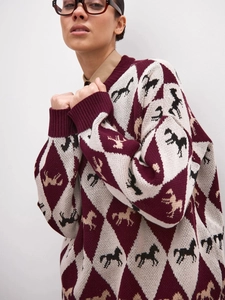 Vintage burgundy knit sweater with cream argyle pattern and black horse silhouette