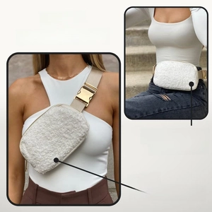 Versatile white plush waist bag with adjustable strap for crossbody or fanny pack styling