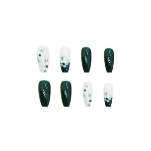 Long ballet press-on nails with green tea and white camellia flower designs, 24 pcs