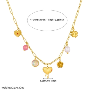 Gold-plated stainless steel paperclip chain necklace with heart and floral charms