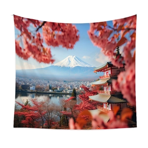 Detailed texture of polyester tapestry showing Mount Fuji and cherry blossoms print