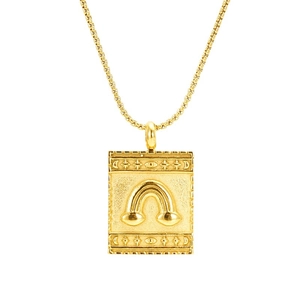 Retro gold plated stainless steel necklace with engraved celestial rectangle pendant
