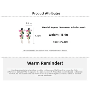 Detail view of flower earrings with colorful rhinestones and teardrop pearls