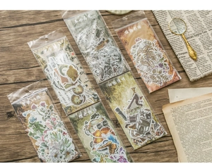 Close-up of vintage aesthetic stickers with botanical motifs in clear packaging