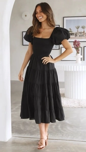 Detailed close-up of a black off-the-shoulder dress with puff sleeves and elastic waist