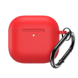 Red silicone protective case for AirPods 4 with a sturdy black metal carabiner clip