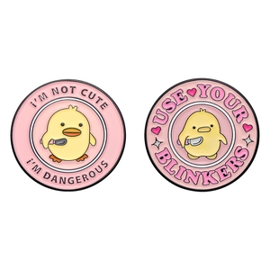 Funny cartoon yellow chick with knife enamel pins featuring humorous English text quotes