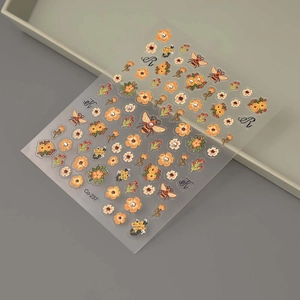 Diamond bee and floral embossed 3D nail art stickers with rhinestones for DIY manicure