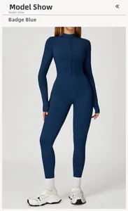 Detail of the half-zip collar and elastic fabric on this slim fit thermal yoga bodysuit