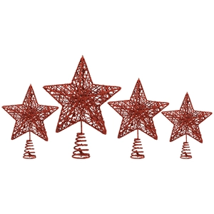 Set of four glittery red iron star tree toppers with spiral bases for Christmas tree decor