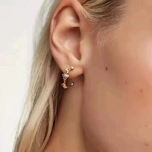Elegant gold S925 sterling silver C-shaped stud earrings with colorful zircon stones