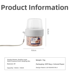 Detail view of 2-way portable food container showing dual 150ml sections and dimensions