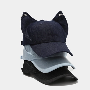 Y2K Cat Ears Baseball Cap Washed Denim Cotton Streetwear Adjustable Snapback Hat With Metal Rings For Men Women