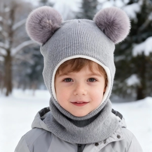 Gray knit baby hood with double faux fur pom-poms and warm neck cover for winter