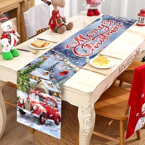 Christmas Table Runner Polyester Snow Scene Retro Car Winter Holiday Dining Room Decoration Festive Merry Christmas