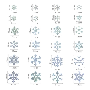 Detailed size guide for 24 styles of gold glitter snowflake stickers in various dimensions