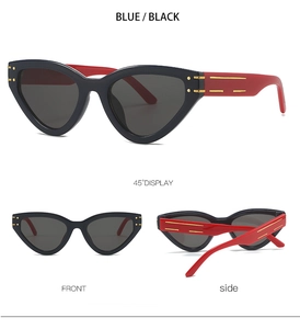 Multi-angle view of cat-eye sunglasses featuring red and black frames with gold accents