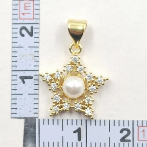 Gros plan d'un pendentif étoile doré avec zircon et perle à côté d'une règle de mesure