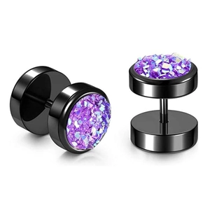 Detail of black stainless steel dumbbell studs with purple crystal cluster inlay