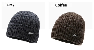 Detail of ribbed knit beanies in grey and coffee with Lettuec embroidery