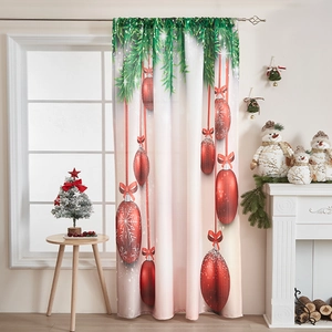 Christmas curtains with red ornaments and green pine branches on white fabric