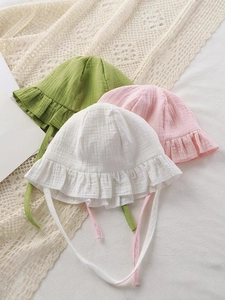 Soft cotton gauze baby sun hats with ruffles in green, pink, and white colors set