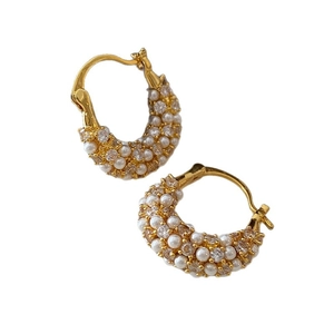 Gold plated hoop earrings with pave white pearls and cubic zirconia stones