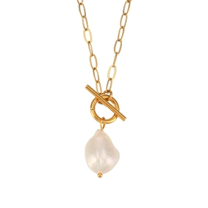 Golden paperclip chain necklace with a baroque freshwater pearl and decorative OT clasp