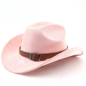 Rosa Western-Cowboyhut mit braunem Lederband und einer dekorativen silbernen Metallschnalle
