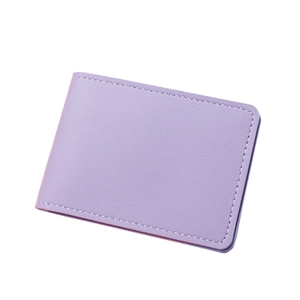 Slim light purple bi-fold leather card holder with stylish white contrast stitching