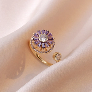 Zircon Rotating Open Ring For Women Purple Flower Adjustable Finger Jewelry Korean Style Niche Design Gold Color