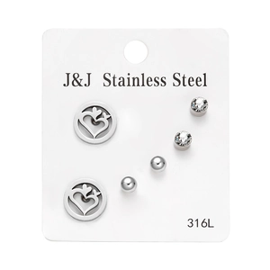Detailed set of three 316L stainless steel stud earrings with heart and crystal designs