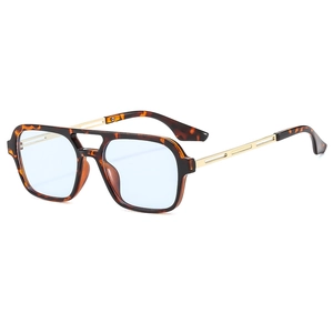 Retro tortoise shell aviator sunglasses with gold double bridge and light blue lenses