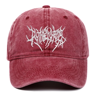 Vintage burgundy washed gothic baseball cap with heavy metal embroidery on front