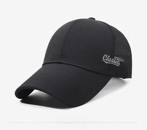 Detail of classic black mesh baseball cap with side embroidery and breathable back panels