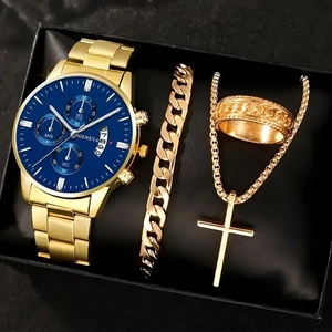 Luxury gold watch gift set with blue dial watch, cross necklace, bracelet and ring