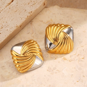 Modern two-tone geometric square stud earrings with twisted texture on stone background